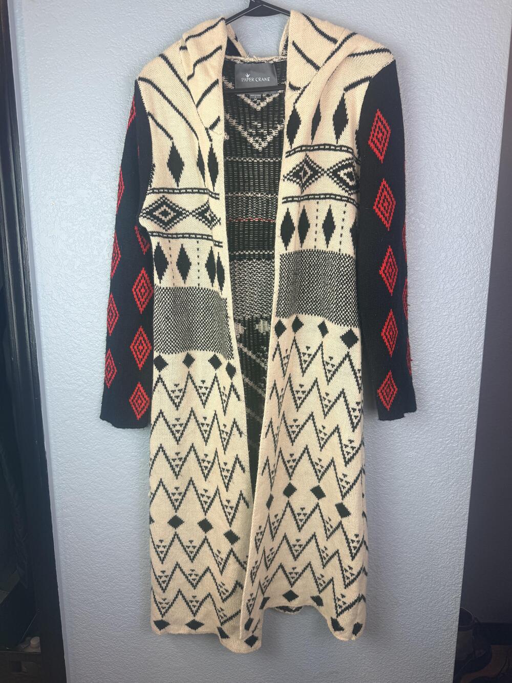 Paper Crane Cardigan Sweater Womens Small Multicolor Hooded Aztec Knit Duster